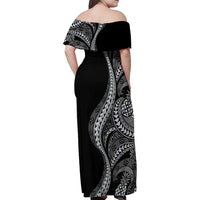 Hawaii Pineapple Gray Scale Tribal Pattern Family Matching Off Shoulder Maxi Dress and Hawaiian Shirt LT01 - Polynesian Pride