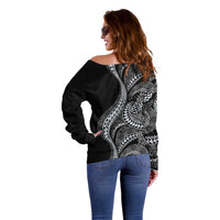 Hawaii Pineapple Gray Scale Tribal Pattern Off Shoulder Sweater - Polynesian Pride