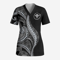 Hawaii Pineapple Gray Scale Tribal Pattern Scrub Top LT01 Adult Black - Polynesian Pride