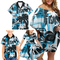 Custom Fijian Rugby Family Matching Off Shoulder Short Dress and Hawaiian Shirt Grunge Palm Stylized LT01 - Polynesian Pride