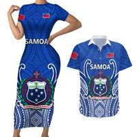 Custom Samoa Rugby Couples Matching Short Sleeve Bodycon Dress and Hawaiian Shirt Manu Samoa Go 2023 World Cup LT01 Blue - Polynesian Pride