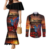 New Zealand Tui Bird Soldier ANZAC Couples Matching Mermaid Dress and Long Sleeve Button Shirt Lest We Forget LT03 Black - Polynesian Pride