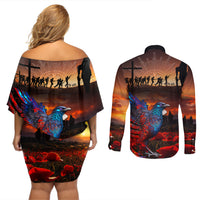New Zealand Tui Bird Soldier ANZAC Couples Matching Off Shoulder Short Dress and Long Sleeve Button Shirt Lest We Forget LT03