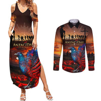 New Zealand Tui Bird Soldier ANZAC Couples Matching Summer Maxi Dress and Long Sleeve Button Shirt Lest We Forget LT03 Black - Polynesian Pride