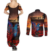 New Zealand Tui Bird Soldier ANZAC Couples Matching Summer Maxi Dress and Long Sleeve Button Shirt Lest We Forget LT03 - Polynesian Pride