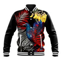 New Zealand Kohwhai Tui Bird Baseball Jacket Silver Fern Version LT03 Unisex Black - Polynesian Pride