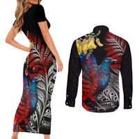 New Zealand Kohwhai Tui Bird Couples Matching Short Sleeve Bodycon Dress and Long Sleeve Button Shirt Silver Fern Version LT03 - Polynesian Pride