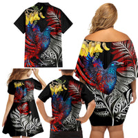New Zealand Kohwhai Tui Bird Family Matching Off Shoulder Short Dress and Hawaiian Shirt Silver Fern Version LT03 - Polynesian Pride