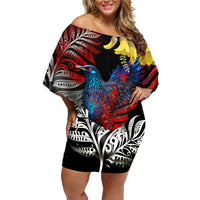 New Zealand Kohwhai Tui Bird Family Matching Off Shoulder Short Dress and Hawaiian Shirt Silver Fern Version LT03 Mom's Dress Black - Polynesian Pride