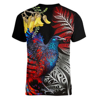 New Zealand Kohwhai Tui Bird Women V Neck T Shirt Silver Fern Version LT03 - Polynesian Pride