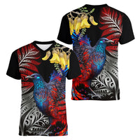 New Zealand Kohwhai Tui Bird Women V Neck T Shirt Silver Fern Version LT03 - Polynesian Pride