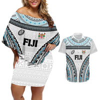 Custom Flying Fijians Rugby Couples Matching Off Shoulder Short Dress and Hawaiian Shirt Tapa Tribal Cloth LT03 White - Polynesian Pride
