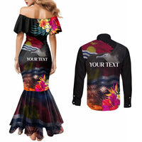 Personalised Kiribati Independence Day Couples Matching Mermaid Dress and Long Sleeve Button Shirt Frigatebird and Plumeria Hibiscus Flower LT03 - Polynesian Pride