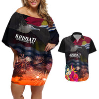 Personalised Kiribati Independence Day Couples Matching Off Shoulder Short Dress and Hawaiian Shirt Frigatebird and Plumeria Hibiscus Flower LT03 Black - Polynesian Pride
