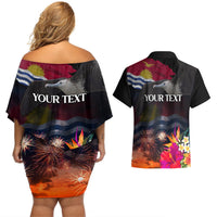 Personalised Kiribati Independence Day Couples Matching Off Shoulder Short Dress and Hawaiian Shirt Frigatebird and Plumeria Hibiscus Flower LT03 - Polynesian Pride