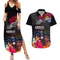 Personalised Kiribati Independence Day Couples Matching Summer Maxi Dress and Hawaiian Shirt Frigatebird and Plumeria Hibiscus Flower LT03 Black - Polynesian Pride