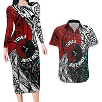 Tonga and New Zealand Together Couples Matching Long Sleeve Bodycon Dress and Hawaiian Shirt Tongan Kupesi Ngatu Tattoo and Maori Paua Shell Pattern