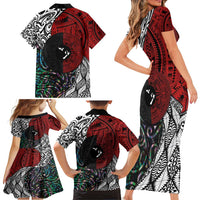 Tonga and New Zealand Together Family Matching Short Sleeve Bodycon Dress and Hawaiian Shirt Tongan Kupesi Ngatu Tattoo and Maori Paua Shell Pattern LT03 - Polynesian Pride