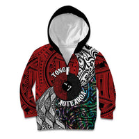 Tonga and New Zealand Together Kid Hoodie Tongan Kupesi Ngatu Tattoo and Maori Paua Shell Pattern