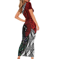Tonga and New Zealand Together Short Sleeve Bodycon Dress Tongan Kupesi Ngatu Tattoo and Maori Paua Shell Pattern LT03 - Polynesian Pride