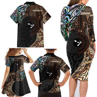Samoa and New Zealand Together Family Matching Long Sleeve Bodycon Dress and Hawaiian Shirt Siapo Motif and Maori Paua Shell Pattern