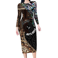 Samoa and New Zealand Together Long Sleeve Bodycon Dress Siapo Motif and Maori Paua Shell Pattern