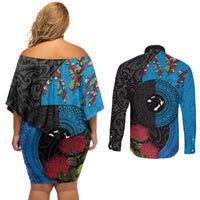 Fiji and New Zealand Together Couples Matching Off Shoulder Short Dress and Long Sleeve Button Shirt Tapa Maori Tattoo mix Tagimoucia and Pohutukawa LT03 - Polynesian Pride