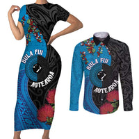 Fiji and New Zealand Together Couples Matching Short Sleeve Bodycon Dress and Long Sleeve Button Shirt Tapa Maori Tattoo mix Tagimoucia and Pohutukawa LT03 Black - Polynesian Pride