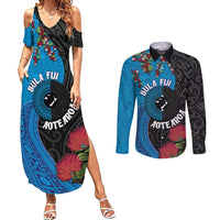 Fiji and New Zealand Together Couples Matching Summer Maxi Dress and Long Sleeve Button Shirt Tapa Maori Tattoo mix Tagimoucia and Pohutukawa LT03 Black - Polynesian Pride