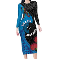 Fiji and New Zealand Together Family Matching Long Sleeve Bodycon Dress and Hawaiian Shirt Tapa Maori Tattoo mix Tagimoucia and Pohutukawa LT03 Mom's Dress Black - Polynesian Pride
