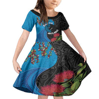 Fiji and New Zealand Together Family Matching Mermaid Dress and Hawaiian Shirt Tapa Maori Tattoo mix Tagimoucia and Pohutukawa LT03 Daughter's Dress Black - Polynesian Pride