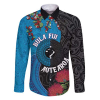 Fiji and New Zealand Together Family Matching Mermaid Dress and Hawaiian Shirt Tapa Maori Tattoo mix Tagimoucia and Pohutukawa LT03 Dad's Shirt - Long Sleeve Black - Polynesian Pride