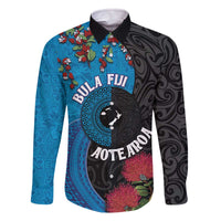 Fiji and New Zealand Together Family Matching Off The Shoulder Long Sleeve Dress and Hawaiian Shirt Tapa Maori Tattoo mix Tagimoucia and Pohutukawa