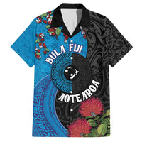 Fiji and New Zealand Together Family Matching Short Sleeve Bodycon Dress and Hawaiian Shirt Tapa Maori Tattoo mix Tagimoucia and Pohutukawa LT03 Dad's Shirt - Short Sleeve Black - Polynesian Pride