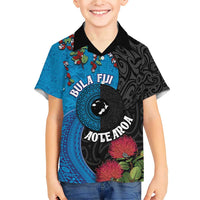 Fiji and New Zealand Together Family Matching Short Sleeve Bodycon Dress and Hawaiian Shirt Tapa Maori Tattoo mix Tagimoucia and Pohutukawa LT03 Son's Shirt Black - Polynesian Pride