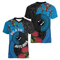 Fiji and New Zealand Together Women V-Neck T-Shirt Tapa Maori Tattoo mix Tagimoucia and Pohutukawa