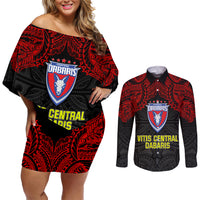Vitis Central Dabaris Rugby Couples Matching Off Shoulder Short Dress and Long Sleeve Button Shirts Papua New Guinea Polynesian Tattoo LT03 Red - Polynesian Pride