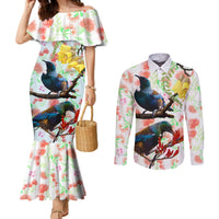 New Zealand Pohutukawa Tui Bird Couples Matching Mermaid Dress and Long Sleeve Button Shirt Kowhai Version LT03 White - Polynesian Pride