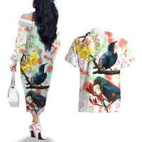 New Zealand Pohutukawa Tui Bird Couples Matching Off The Shoulder Long Sleeve Dress and Hawaiian Shirt Kowhai Version LT03 - Polynesian Pride