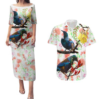 New Zealand Pohutukawa Tui Bird Couples Matching Puletasi and Hawaiian Shirt Kowhai Version LT03 White - Polynesian Pride