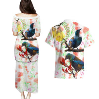 New Zealand Pohutukawa Tui Bird Couples Matching Puletasi and Hawaiian Shirt Kowhai Version LT03 - Polynesian Pride