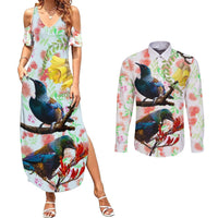 New Zealand Pohutukawa Tui Bird Couples Matching Summer Maxi Dress and Long Sleeve Button Shirt Kowhai Version LT03 White - Polynesian Pride