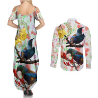New Zealand Pohutukawa Tui Bird Couples Matching Summer Maxi Dress and Long Sleeve Button Shirt Kowhai Version LT03 - Polynesian Pride