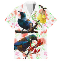 New Zealand Pohutukawa Tui Bird Family Matching Puletasi and Hawaiian Shirt Kowhai Version LT03 Dad's Shirt - Short Sleeve White - Polynesian Pride