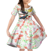 New Zealand Pohutukawa Tui Bird Family Matching Short Sleeve Bodycon Dress and Hawaiian Shirt Kowhai Version LT03 Daughter's Dress White - Polynesian Pride