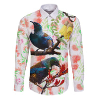 New Zealand Pohutukawa Tui Bird Family Matching Summer Maxi Dress and Hawaiian Shirt Kowhai Version LT03 Dad's Shirt - Long Sleeve White - Polynesian Pride