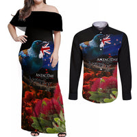 New Zealand ANZAC Day Couples Matching Off Shoulder Maxi Dress and Long Sleeve Button Shirt Pohutukawa Flower and Tui Bird LT03 Black - Polynesian Pride