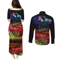 New Zealand ANZAC Day Couples Matching Puletasi and Long Sleeve Button Shirt Pohutukawa Flower and Tui Bird LT03 - Polynesian Pride