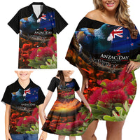 New Zealand ANZAC Day Family Matching Off Shoulder Short Dress and Hawaiian Shirt Pohutukawa Flower and Tui Bird LT03 - Polynesian Pride