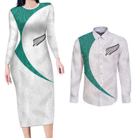 Custom New Zealand Football Couples Matching Long Sleeve Bodycon Dress and Long Sleeve Button Shirt Go All Silver Ferns - Towards World Cup 2026 LT03 White - Polynesian Pride